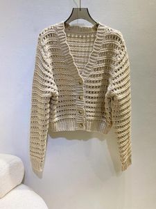 Tricots pour femmes 2023 Femmes Mode Manches longues Sexy Casual Col en dentelle Creux Crochet Épais Laine Cardigan 1012