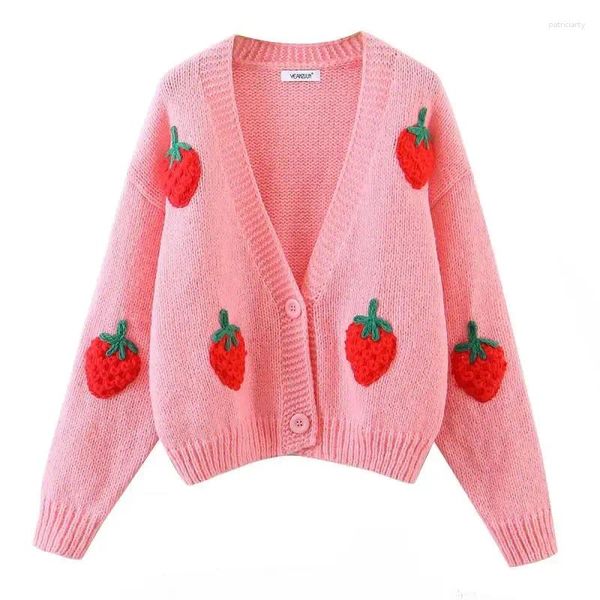 Tricots pour femmes 2023 Femmes Mode Rose V-Col V-Col Pull à poitrine unique Femelle Sweet Kawaii Fraise Imprimer Cardigans