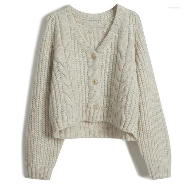 Cardigan tricoté à simple boutonnage pour femme, pull court en tricot torsadé, col en v, collection automne et hiver 2024