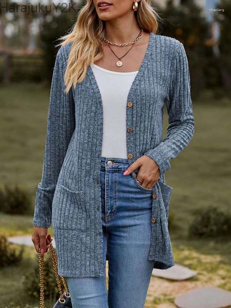 Knits de mujer 2024 Autumn Long Cardigan Women Button Up Kimono Ladies V Neck Knited Cardigans para