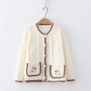 Cardigan tricoté avec poches et fleurs brodées pour femme, pull en tricot, bloc de couleur, manteau, collection automne-hiver 2024