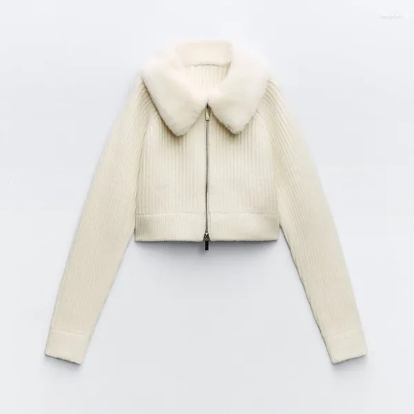 Tricots pour femmes 2024 Automne Hiver Femmes Revers Collier Fausse Fourrure Tricoté Cardigan Recadrée Flim Fit Pull Manches Longues Zip Chic Manteau Occasionnel