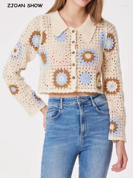 Puntos de mujer 2024 BOHO Flor geométrica Hecho a mano Cárdigan de ganchillo Mujer Solapa Manga completa Suéter corto Botón central Prendas de punto Jumper