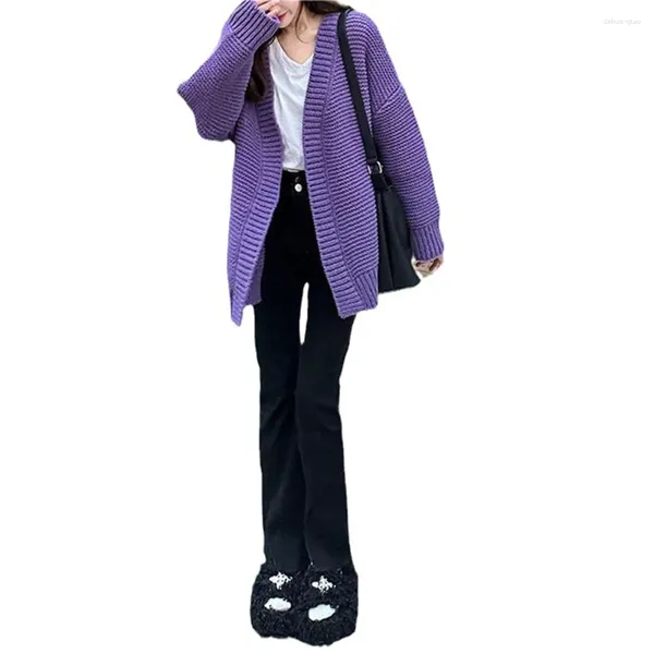 Tricots féminins 2024 Mode coréenne décontractée Mode longue manche en manteau chaud Spring Purple Cardigans Sweater Femmes Tricot Cardigan Automne hiver