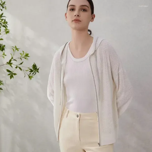 Cardigan tricoté en lin et soie mélangée pour femme, tricot, veste à capuche, fermeture éclair, tissage en résille, début du printemps, 2024