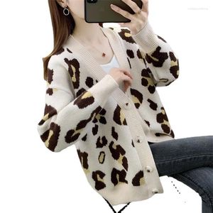 Damesbreien 2024 Idle stijl gebreide vest vesting Autumn Luipard Print Losse mid-length v-neck trui