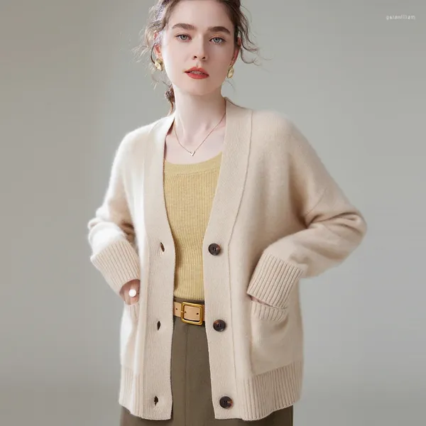 Cardigan tricoté en cachemire pour femmes, pull-over, manteau décontracté, col en v, ample, grande taille, chemise, printemps, automne 2024 S