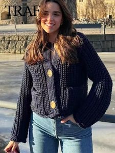 Tricots féminins 2024 Spring Woman's Navy Blue tricot-tricots Mabèles avec poches Boutons Femelle Crop Tops Cardigan Vintage Casaul Style