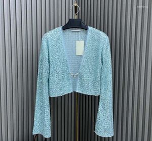 Cardigan tricoté à manches cloche et paillettes avec boucle en métal pour femme, vêtement d'été et d'automne, 2024, 0814