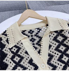 Tricots pour femmes 2024 Col de chemise française d'été crochet creux motif de vague de diamant en tricot à manches courtes