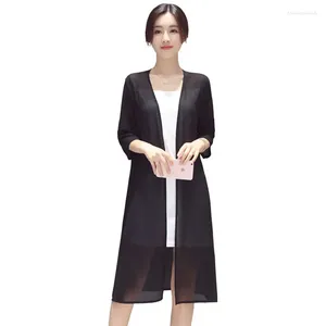 Damesbreien 2024 Zomer Women Long Chiffon Split Cardigan Solid Casual Three Quarter Sleeve Black Blue White Fashion Thin
