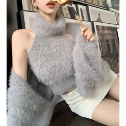 Damesgebreide 2024 Winter streetwear losse nertsenkasjmier vest met lange mouwen dames hoge hals sexy gebreid hemdje tweedelig pak