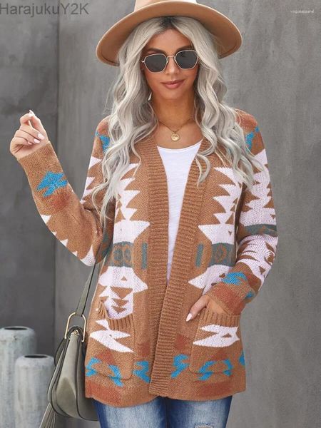 Tricots féminins 2024 Femmes Vintage Boho Aztec Cardigan à manches longues Christmas tricot Halloween Open Front Loose Loose