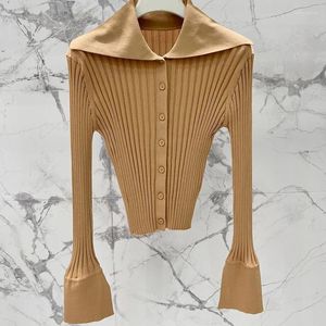 Puntos para mujer 2024 Mujeres Vintage Navy Collar Knit Cardigan Runway Chic Flare Manga Single Breasted Stretch Slim Suéter Moda femenina