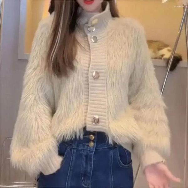 Women's Knits 2024 femmes manches longues bouffantes chaud automne hiver fourrure tricoté pull épissé tricot Cardigan en peluche tricots col haut haut tricot