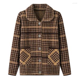 Tricots pour femmes # 2985 Hiver Tricots Cardigan Manteau Femmes Moyen Âge Mohair Pull Femme Slim Poches Simple Boutonnage Plaid Tricoté Chaud