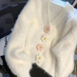 Cardigan à fleurs 3d pour femmes, pull Lolita Y2k, doux simple boutonnage, col en v, manteau rose, hauts tricotés Kawaii, pulls Sueter Mujer