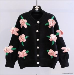 Women's Knits 3D Flower Embroidery Sweater Dames lente en herfst losse vintage handgemaakte gehaakte gebreide vestjassen