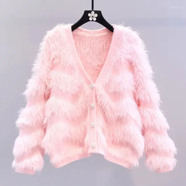 Tejidos para mujer #7442, abrigo de Mohair blanco, rosa y azul, cárdigan corto de punto con cuello en V para mujer, cárdigan de punto con borlas de visón y Cachemira para mujer