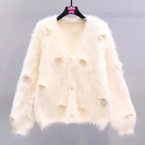 #7443 Cárdigan de Cachemira de visón blanco y rosa para mujer, abrigo Vintage con cuello en V, suéteres cortos de punto de Mohair con flores para mujer