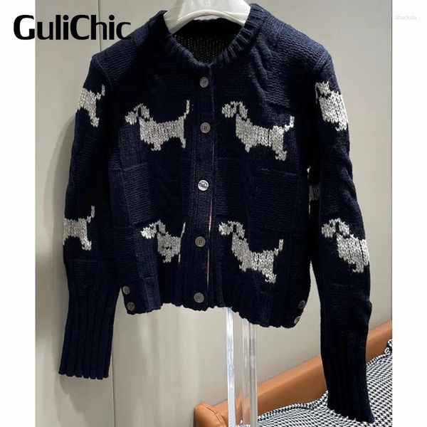 Tricots pour femmes 9.15 GuliChic Femmes Vintage Contraste Couleur Dessin Animé Motif De Chien Simple Boutonnage Mince Laine Tricoté Cardigan Pull