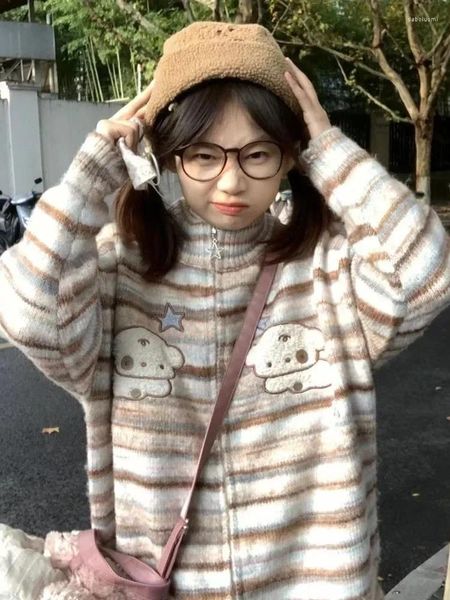 Tejidos para mujer ADAgirl Kawaii Stripe Knit Zip Up Cardigan Dog Graphic Harajuku Suéter de manga larga para mujer Estilo japonés Cutecore