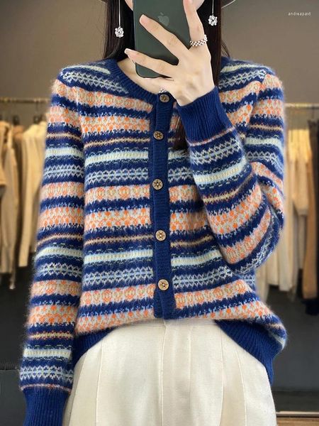 Tricots pour femmes Adonee Pull d'automne Office O-Neck à manches longues Cardigan Mérino Woard rayé Multicolore Cachemire Cachemire Knitwear Vintage Style