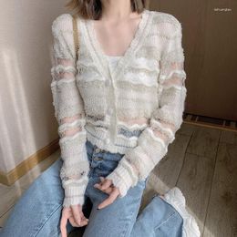 Frauen Strick Herbst 2023 Hohl Häkeln Handwerkskunst Koreanischen Stil Nähte Lange-ärmeln V-ausschnitt Kurzen Strickpullover Ustyle0212