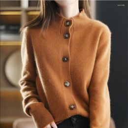 Cárdigan de punto de Cachemira con cuello medio alto para otoño e invierno para mujer, suéter de punto, chaqueta holgada para mujer, lana de manga larga de Color sólido