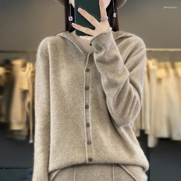 Cardigan tricoté en laine et cachemire pour femme, pull à col à capuche, ample, tendance coréenne, manteau, automne et hiver