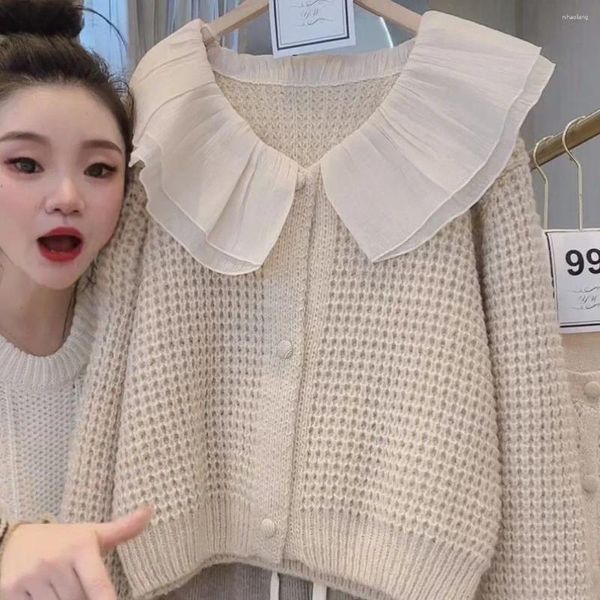 Cardigan tricoté à col à volants épissé pour femme, pull polyvalent, doux, Version coréenne, automne et hiver