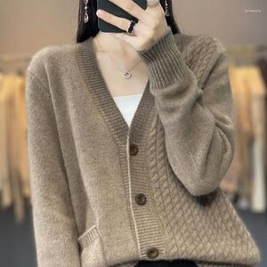 Cardigan tricoté en laine Pure pour femme, pull à revers, couleur assortie, manteau à manches longues, haut décontracté en cachemire, automne et hiver