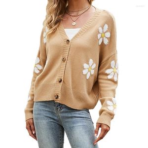 Dames Gebreid Herfst Bolero Vest Dames Khaki 2023 Vakantie V-hals Losse bloem Gebreide tops Vrouwelijke Knoop Lange mouwen Casual Dames Trui