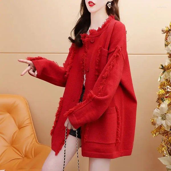 Suéter de punto suelto con cuello redondo para mujer, cárdigan de moda de otoño, moda de longitud media, rojo, estilo perezoso, diseño con sentido