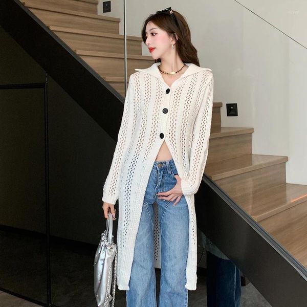 Women's Knits Automne tricoté pull femmes tricots dames col en v croisé évider Crochet mince simple boutonnage tricots Long Cardigan