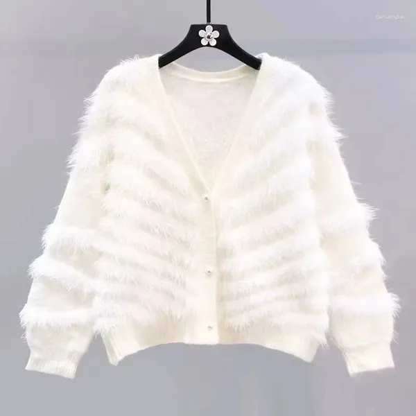 Cardigan blanc tricoté à manches longues pour femme, pull chaud à col en V, Vintage, moelleux en vison et cachemire, manteau pour femme, automne et hiver