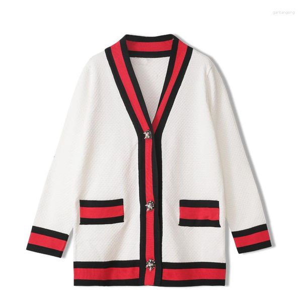 Femmes tricots automne manches longues col en v perle perles bouton Cardigan femmes couleur rayé casual pulls amples blanc tricot manteau tricot