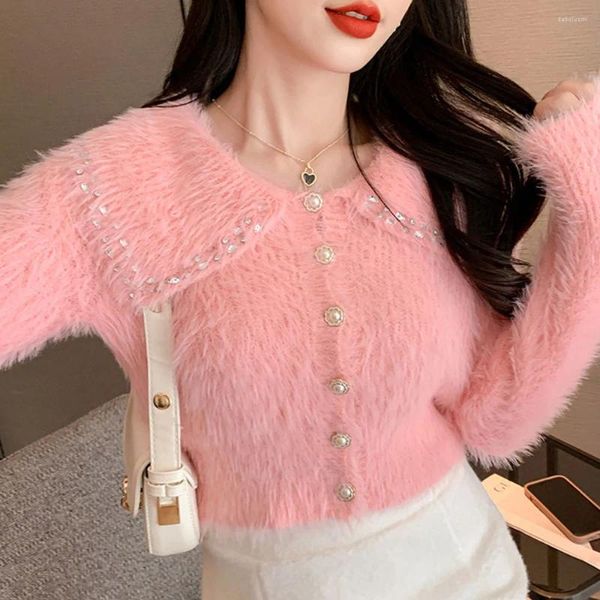 Suéter rosa dulce de otoño para mujer, chaqueta de terciopelo de visón con cuello de muñeca de felpa con diamantes, cárdigan corto con hebilla de perla a la moda para mujer