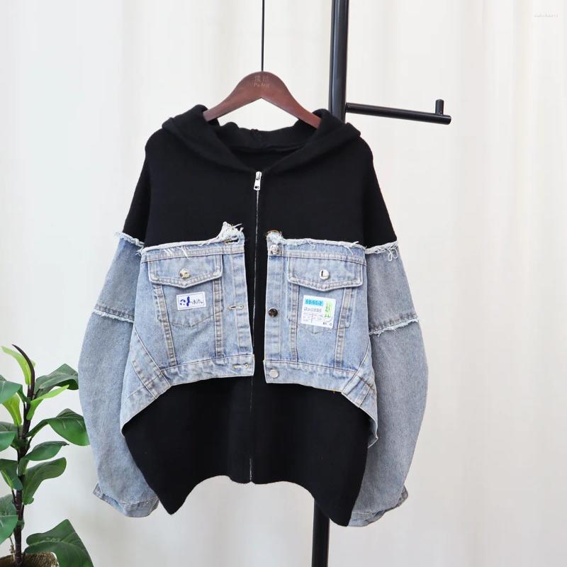 Frauen Strick Herbst Winter 2023 Patchwork Denim Strickjacke Mit Kapuze Koreanische Version Lose Design Ausländischen Pullover Jacke