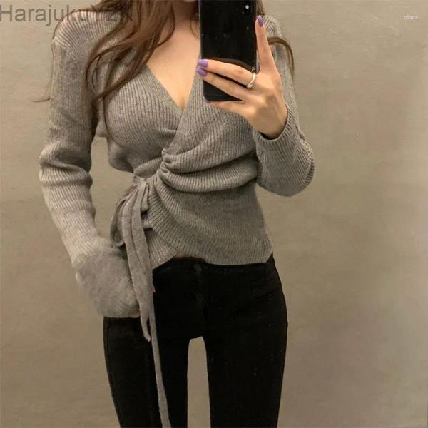 Ropa de punto para mujer, Otoño Invierno, suéteres de punto informales de manga larga para mujer, cárdigan envolvente fruncido con cordón y cuello en V Sexy