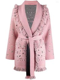 Cárdigans de Cachemira de Color rosa de diseñador para otoño e invierno, abrigo de punto con cinturón de borlas de Jacquard de alta calidad C907