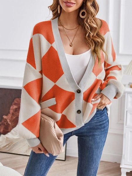 Cardigan en tricot à manches longues pour femme, col en V, motifs géométriques imprimés, pull en tricot, automne hiver