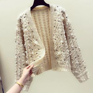 Damesbreien Autumn Winter Knitting Cardigan Sweater Vrouwen Hand Bead Dikke draad Draai Twist gebreide V-Neck losse jas vrouw