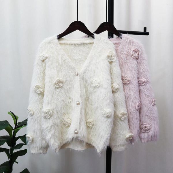 Cárdigan de punto para mujer, versión coreana de otoño e invierno, holgado, a la moda, suéter, chaqueta, abrigo, flor 3D