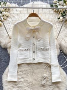 Damesgebreide herfst winter Koreaanse stijl booggebreide trui vest mode kralen vrouwelijke lange mouw ronde hals casual gebreide kleding