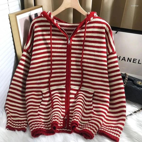 Cardigan en tricot à capuche pour femme, tricot à rayures rouges, mode coréenne, ample, décontracté, manteau à fermeture éclair, haut surdimensionné à manches longues, automne hiver