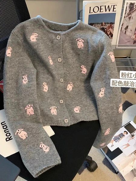 Femmes tricots automne hiver pull Gyaru col rond pull tricoté dessin animé gris tricots pull vêtements décontracté Kpop marée années 2000