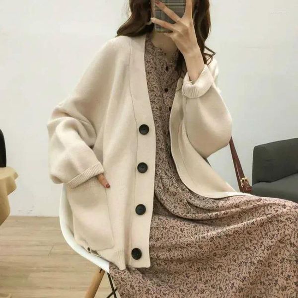 Tricots pour femmes Automne Hiver Femmes Cardigan Pull Veste Col en V Vintage Tricot Dames Noir Tricoté Couleur Unie Harajuku Casual Lâche Tops