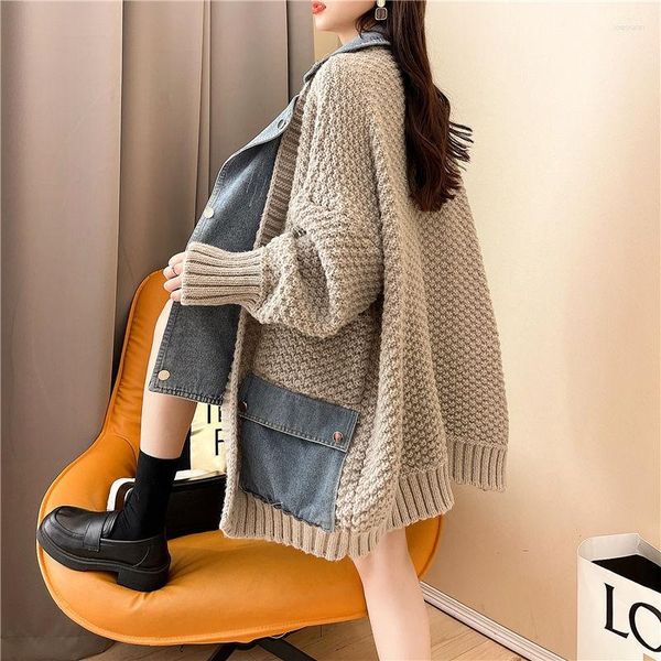 Tejidos para mujer Otoño Invierno Chaquetas para mujer Chaqueta vaquera Suéter Cárdigan de punto Abrigos de manga larga Moda coreana Suelta Ropa de abrigo gruesa Bolsillo