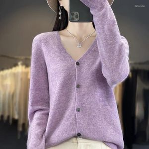 Pull en laine mérinos pour femme, tricot, col en v, solide, tricoté, Cardigan décontracté, veste épaisse, ample, doux, tricot, automne hiver